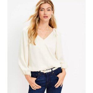🆕 NWT LOFT Satin Blouse Women's Medium Puff Sleeve V Neck Top Relaxed Fit Cream
